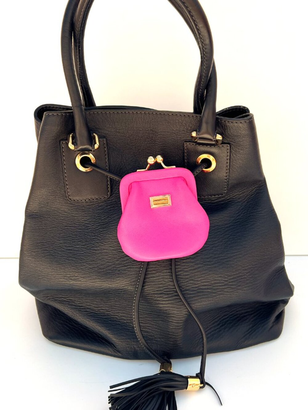 Dolce & Gabbana Black Leather Drawstring Tote Bag Leopard Lining